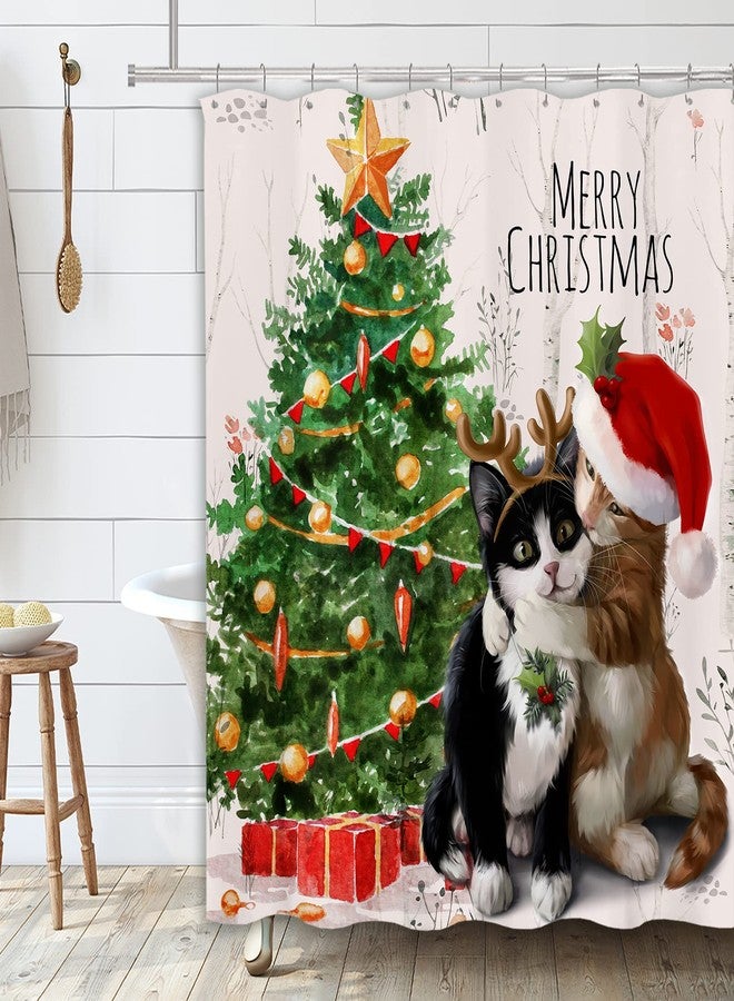 Tititex Merry Christmas Cute Cats Shower Curtain Sets, Christmas Tree Winter Holiday Kitten Ivory Bathroom Curtain Decoration 71x71 Inch with Hooks - Image 3
